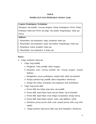 4
BAB II
PEMBUATAN DAN PEMILIHAN BAHAN AJAR
Capaian Pembelajaran Perkuliahan
Memahami dan memiliki wawasan mengenai Prinsip Pembelajaran PAUD, Prinsip
Pembuatan bahan ajar PAUD, dan fungsi dan manfaat Pengembangan bahan ajar
PAUD
Indikator
1. Menyebutkan dan menjelaskan fungsi pembuatan bahan ajar
2. Menyebutkan dan menjelaskan tujuan dan manfaat Pengembangan bahan ajar
3. Menjelaskan kriteria pemilihan bahan ajar
4. Menyebutkan dan menjelaskan isi bahan ajar
Materi
A. Fungsi pembuatan bahan ajar
1. Fungsi bagi pendidik
a. Menghemat waktu pendidik dalam mengajar
b. Mengubah peran seorang pendidik dari seorang pengajar menjadi
fasilitator
c. Meningkatkan proses pembelajaran menjadi lebih efektif dan interaktif
d. Sebagai pedoman bagi pendidik dalam mengarahkan aktivitasnya
e. Sebagai alat evaluasi pencapaian atau penguasaan hasil pembelajaran
2. Fungsi bagi peserta didik
a. Peserta didik bisa belajar tanpa harus ada pendidik
b. Peserta didik dapat belajar kapan saja dan dimana saja ia kehendaki
c. Peserta didik dapat belajar sesuai dengan kecepatannya masing-masing
d. Peserta didik dapat belajar menurut urutan yang dipilihnya sendiri
e. Membantu potensi peserta didik untuk menjadi peserta didik yang lebih
mandiri
f. sebagai pedoman bagi peserta didik yang akan mengrahkan aktivitasnya.
 