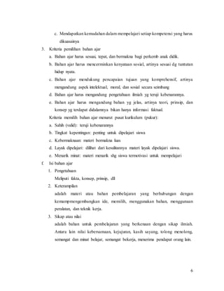 6
c. Mendapatkan kemudahan dalam mempelajari setiap kompetensi yang harus
dikuasainya
3. Kriteria pemilihan bahan ajar
a. Bahan ajar harus sesuai, tepat, dan bermakna bagi perkemb anak didik.
b. Bahan ajar harus mencerminkan kenyataan sosial, artinya sesuai dg tuntutan
hidup nyata.
c. Bahan ajar mendukung pencapaian tujuan yang komprehensif, artinya
mengandung aspek intelektual, moral, dan sosial secara seimbang
d. Bahan ajar harus mengandung pengetahuan ilmiah yg teruji kebenarannya.
e. Bahan ajar harus mengandung bahan yg jelas, artinya teori, prinsip, dan
konsep yg terdapat didalamnya bikan hanya informasi faktual.
Kriteria memilih bahan ajar menurut pusat kurikulum (pukur):
a. Sahih (valid): teruji kebenarannya
b. Tingkat kepentingan: penting untuk dipelajari siswa
c. Kebermaknaan: materi bermakna luas
d. Layak dipelajari: dilihat dari kesulitannya materi layak dipelajari siswa.
e. Menarik minat: materi menarik shg siswa termotivasi untuk mempelajari
f. Isi bahan ajar
1. Pengetahuan
Meliputi fakta, konsep, prinsip, dll
2. Keterampilan
adalah materi atau bahan pembelajaran yang berhubungan dengan
kemampmengembangkan ide, memilih, menggunakan bahan, menggunaan
peralatan, dan teknik kerja.
3. Sikap atau nilai
adalah bahan untuk pembelajaran yang berkenaan dengan sikap ilmiah.
Antara lain nilai kebersamaan, kejujuran, kasih sayang, tolong menolong,
semangat dan minat belajar, semangat bekerja, menerima pendapat orang lain.
 