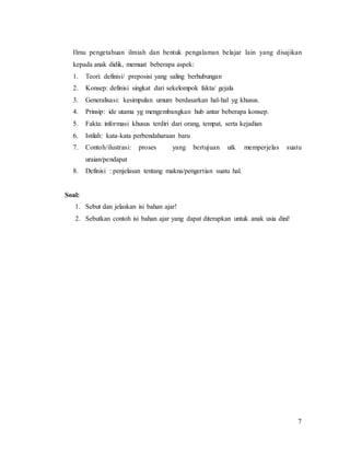 7
Ilmu pengetahuan ilmiah dan bentuk pengalaman belajar lain yang disajikan
kepada anak didik, memuat beberapa aspek:
1. Teori: definisi/ preposisi yang saling berhubungan
2. Konsep: definisi singkat dari sekelompok fakta/ gejala
3. Generalisasi: kesimpulan umum berdasarkan hal-hal yg khusus.
4. Prinsip: ide utama yg mengembangkan hub antar beberapa konsep.
5. Fakta: informasi khusus terdiri dari orang, tempat, serta kejadian
6. Istilah: kata-kata perbendaharaan baru
7. Contoh/ilustrasi: proses yang bertujuan utk memperjelas suatu
uraian/pendapat
8. Definisi : penjelasan tentang makna/pengertian suatu hal.
Soal:
1. Sebut dan jelaskan isi bahan ajar!
2. Sebutkan contoh isi bahan ajar yang dapat diterapkan untuk anak usia dini!
 