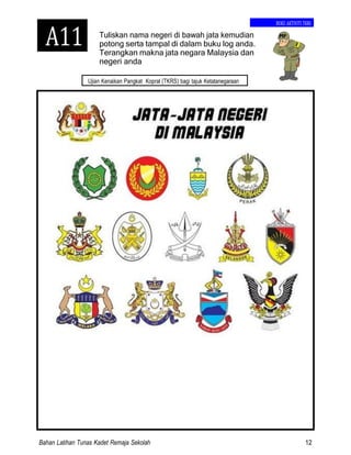 Bahan Latihan Tunas Kadet Remaja Sekolah 12
Ujian Kenaikan Pangkat Kopral (TKRS) bagi tajuk Ketatanegaraan
Tuliskan nama negeri di bawah jata kemudian
potong serta tampal di dalam buku log anda.
Terangkan makna jata negara Malaysia dan
negeri anda
BUKU AKTIVITI TKRS
A11
 