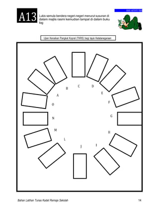 Bahan Latihan Tunas Kadet Remaja Sekolah 14
Ujian Kenaikan Pangkat Kopral (TKRS) bagi tajuk Ketatanegaraan
BUKU AKTIVITI TKRS
Lukis semula bendera negeri-negeri menurut susunan di
dalam majlis rasmi kemudian tampal di dalam buku
log
B
C D
A
E
O
F
N
G
M
H
L
J I
A13
 