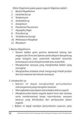 Mikro Organisme pada pupuk organik Majemuk adalah :
Genom bakteri gram positive berbentuk batang dan
anggota dari .Spesies (bergantung
pada oksigen) atau anaerobik fakultatif (memiliki
kemampuan untuk menjadi aerobik atau anaerobik)
Menghasilkan senyawa yang menghambat bakteri yang
merugikan
Menghasilkan protease untuk mengurangi limbah protein
dari sisa makanan dan kotoran (kompos)
Bakteri ini dapat menghambat pertumbuhan
mikroorganisme yang merugikan tanaman
Meningkatakan percepatan perombakan bahan organik
Menghancurkan bahan organik seperti lonin dan selulosa
serta menfermentasi tanpa menimbulkan senyawa
beracun yang ditimbulkan dari pembusukan bahan
organik
Bakteri ini dapat menekan pertumbuhan rusarium, yaitu
1. Bacilus Megathirium
2. Lactocbacilus sp
3. Sterptomyces
4. Azetobakter sp
5. Azosprilium
6. Pseudomas Flourencens
7. Aspergillus Niger
8. Pinicillium sp
9. Trichoderma Coningi
10. Metharizium Nisopleae
11. Rhizobium
1. Bacilus Megathirium
firmcutes aerob abliyant
2. Lactobacillus sp
?
?
?
?
?
?
?
28 Greenhouse Bambu Untuk Tanaman Sayur Hidroganik Dengan Listrik Tenaga Surya
 