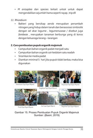 ?
?
?
?
?
?
M anisoplea
11. Rhizobium
farebeae
dan spesies terkait untuk untuk dapat
mengendalikan sejumlah hama seperti rayap , trip dll
Bakteri yang bersikap aerob merupakan penambah
nitrogen yang hidup dalam tanah dan berasosiasi simbiotik
dengan sel akar logume , legumenuseae / disebut juga
, merupakan tanaman berbunga yang di koros
dengan keluaraga larang – larangan
Campurkan bahan organik padat menjadi satu
Campurkan bahan organik cair kedalam satu wadah
Siramkan ke media padat
Diamkan minimal 5 hari jika pupuk tidak berbau maka bisa
digunakan
2. Cara pembuatan pupuk organik majemuk
31
Gambar 15. Proses Pembuatan Pupuk Organik Majemuk
Sumber: (Basiri, 2019)
Greenhouse Bambu Untuk Tanaman Sayur Hidroganik Dengan Listrik Tenaga Surya
 