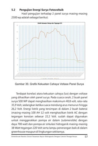 5.2 Pengujian Energi Surya Fotovoltaik
Hasil pengujian terhadap 2 panel surya masing-masing
2500 wp adalah sebagai berikut:
Terdapat korelasi atara kekuatan cahaya (lux) dengan voltase
yang dihasilkan oleh panel surya. Pada cuaca cerah, 2 buah panel
surya 500 WP dapat menghasilkan maksimum 40,8 volt, rata-rata
35,9 Volt, sedangkan ketika cuaca mendung arus menurun hingga
26,2 Volt. Energi listrik yang tersimpan di dalam 2 buah baterai
(masing-masing 100 AH 12 volt menghasilkan listrik AC dengan
tegangan konstan sebesar 22,2 Volt. sudah dapat digunakan
untuk menggerakkan pompa air dalam (submersible) dengan
daya 700 watt dan pompa air sirkulasi hidroganik masing-masing
38 Watt tegangan 220 Volt serta lampu penerangan baik di dalam
greenhouse maupun di lingkungan sekitarnya.
57
Gambar 39. Grafik Kekuatan Cahaya Voltase Panel Surya
Greenhouse Bambu Untuk Tanaman Sayur Hidroganik Dengan Listrik Tenaga Surya
 