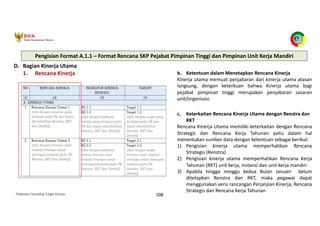 Pedoman Cascading Target Kinerja 108
D. Bagian Kinerja Utama
1. Rencana Kinerja b. Ketentuan dalam Menetapkan Rencana Kinerja
Kinerja utama memuat penjabaran dari kinerja utama atasan
langsung, dengan ketentuan bahwa Kinerja utama bagi
pejabat pimpinan tinggi merupakan penjabaran sasaran
unit/organisasi.
c. Keterkaitan Rencana Kinerja Utama dengan Renstra dan
RKT
Rencana Kinerja Utama memiliki keterkaitan dengan Rencana
Strategis dan Rencana Kerja Tahunan yaitu dalam hal
menentukan sumber data dengan ketentuan sebagai berikut:
1) Pengisian kinerja utama memperhatikan Rencana
Strategis (Renstra)
2) Pengisian kinerja utama memperhatikan Rencana Kerja
Tahunan (RKT) unit kerja, instansi dan unit kerja mandiri
3) Apabila hingga minggu kedua Bulan Januari belum
ditetapkan Renstra dan RKT, maka pegawai dapat
menggunakan versi rancangan Perjanjian Kinerja, Rencana
Strategis dan Rencana Kerja Tahunan
Pengisian Format A.1.1 – Format Rencana SKP Pejabat Pimpinan Tinggi dan Pimpinan Unit Kerja Mandiri
 