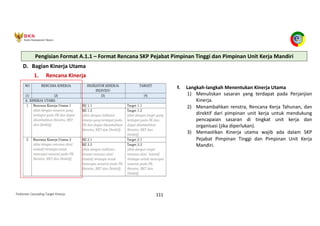 Pedoman Cascading Target Kinerja 111
D. Bagian Kinerja Utama
1. Rencana Kinerja
f. Langkah-langkah Menentukan Kinerja Utama
1) Menuliskan sasaran yang terdapat pada Perjanjian
Kinerja.
2) Menambahkan renstra, Rencana Kerja Tahunan, dan
direktif dari pimpinan unit kerja untuk mendukung
pencapaian sasaran di tingkat unit kerja dan
organisasi (jika diperlukan).
3) Memastikan Kinerja utama wajib ada dalam SKP
Pejabat Pimpinan Tinggi dan Pimpinan Unit Kerja
Mandiri.
Pengisian Format A.1.1 – Format Rencana SKP Pejabat Pimpinan Tinggi dan Pimpinan Unit Kerja Mandiri
 