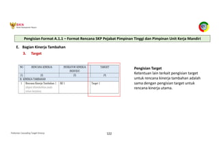 Pedoman Cascading Target Kinerja 122
E. Bagian Kinerja Tambahan
Pengisian Target
Ketentuan lain terkait pengisian target
untuk rencana kinerja tambahan adalah
sama dengan pengisian target untuk
rencana kinerja utama.
3. Target
Pengisian Format A.1.1 – Format Rencana SKP Pejabat Pimpinan Tinggi dan Pimpinan Unit Kerja Mandiri
 