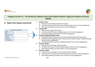 Pedoman Cascading Target Kinerja 126
B. Bagian Data Pegawai yang Dinilai
1. Pengisian Nama
a) Nama diisi sesuai dengan identitas diri Saudara
b) Perhatikan bila nama identitas Saudara berbeda dengan nama di sistem kepegawaian
c) Bila terjadi perbedaan, gunakan nama di sistem kepegawaian
2. Pengisian NIP
a) NIP diisi sesuai dengan NIP Saudara
b) Perhatikan bila NIP Saudara berbeda dengan nama di sistem kepegawaian
c) Bila terjadi perbedaan, gunakan NIP di sistem kepegawaian
3. Pengisian Pangkat/Golongan Ruang
a) Pangkat/Golongan Ruang diisi sesuai dengan Pangkat/Golongan Ruang Saudara
b) Perhatikan bila Pangkat/Golongan Ruang Saudara berbeda dengan Pangkat/Golongan
Ruang di sistem kepegawaian
c) Bila terjadi perbedaan, gunakan Pangkat/Golongan Ruang di sistem kepegawaian
4. Pengisian Jabatan
a) Jabatan diisi sesuai dengan Jabatan Saudara
b) Perhatikan bila Jabatan Saudara berbeda dengan Jabatan di sistem kepegawaian
c) Bila terjadi perbedaan, gunakan Jabatan di sistem kepegawaian
5. Pengisian Instansi
a) Instansi diisi sesuai dengan unit kerja tempat Saudara bekerja
b) Perhatikan bila unit kerja Saudara berbeda dengan unit kerja di sistem kepegawaian
c) Bila terjadi perbedaan, gunakan nama unit kerja di sistem kepegawaian
Pengisian Format A.3 – Format Manual Indikator Kinerja SKP Pejabat Pimpinan Tinggi dan Pimpinan Unit Kerja
Mandiri
 