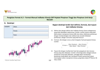 Pedoman Cascading Target Kinerja 132
G. Deskripsi
Bagian deskripsi terdiri dari definisi, formula, dan tujuan
dari indikator kinerja.
1) Definisi diisi dengan definisi dari Indikator Kinerja Utama sebagaimana
yang telah ditetapkan sebelumnya. Contoh: Jumlah instansi yang telah
dibina dalam manajemen kinerja ASN, dan diukur efektivitas pembinaan
dengan membandingkan skor sebelum dan sesudah dilakukan
pembinaan, dengan instrumen yang telah disusun
2) Formula diisi dengan rumus untuk mengukur hasil pencapaian kinerja.
Contoh:
2) Tujuan diisi dengan manfaat dari hasil dari pengukuran dan rencana
kinerja yang akan dilakukan. Contoh: Untuk digunakan sebagai evaluasi
pembinaan yang telah dilakukan, sehingga dapat memberikan
pembinaan yang efektif, dan membantu instansi pemerintah dalam
menerapkan sistem manajemen kinerja, yang diatur dalam PP Nomor 30
Tahun 2019
Pengisian Format A.3 – Format Manual Indikator Kinerja SKP Pejabat Pimpinan Tinggi dan Pimpinan Unit Kerja
Mandiri
 
