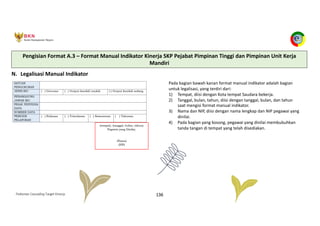 Pedoman Cascading Target Kinerja 136
N. Legalisasi Manual Indikator
Pada bagian bawah kanan format manual indikator adalah bagian
untuk legalisasi, yang terdiri dari:
1) Tempat, diisi dengan Kota tempat Saudara bekerja.
2) Tanggal, bulan, tahun, diisi dengan tanggal, bulan, dan tahun
saat mengisi format manual indikator.
3) Nama dan NIP, diisi dengan nama lengkap dan NIP pegawai yang
dinilai.
4) Pada bagian yang kosong, pegawai yang dinilai membubuhkan
tanda tangan di tempat yang telah disediakan.
Pengisian Format A.3 – Format Manual Indikator Kinerja SKP Pejabat Pimpinan Tinggi dan Pimpinan Unit Kerja
Mandiri
 