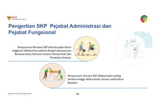 Pedoman Cascading Target Kinerja 138
Pengertian SKP Pejabat Administrasi dan
Pejabat Fungsional
Penyusunan Rencana SKP dimulai pada tahun
anggaran sebelumnya selaras dengan penyusunan
Rencana Kerja Tahunan Instansi Pemerintah dan
Perjanjian Kinerja.
Penyusunan rencana SKP dilaksanakan paling
lambat minggu kedua bulan Januari pada tahun
berjalan.
 