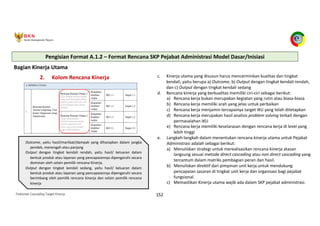 Pedoman Cascading Target Kinerja 152
Bagian Kinerja Utama
2. Kolom Rencana Kinerja c. Kinerja utama yang disusun harus mencerminkan kualitas dan tingkat
kendali, yaitu berupa a) Outcome, b) Output dengan tingkat kendali rendah,
dan c) Output dengan tingkat kendali sedang
d. Rencana kinerja yang berkualitas memiliki ciri-ciri sebagai berikut:
a) Rencana kerja bukan merupakan kegiatan yang rutin atau biasa-biasa
b) Rencana kerja memiliki arah yang jelas untuk perbaikan
c) Rencana kerja menjamin tercapainya target IKU yang telah ditetapkan
d) Rencana kerja merupakan hasil analisis problem solving terkait dengan
permasalahan IKU
e) Rencana kerja memiliki keselarasan dengan rencana kerja di level yang
lebih tinggi
e. Langkah-langkah dalam menentukan rencana kinerja utama untuk Pejabat
Administrasi adalah sebagai berikut:
a) Menuliskan strategi untuk merealisasikan rencana kinerja atasan
langsung sesuai metode direct cascading atau non direct cascading yang
tercantum dalam matriks pembagian peran dan hasil.
b) Menuliskan direktif dari pimpinan unit kerja untuk mendukung
pencapaian sasaran di tingkat unit kerja dan organisasi bagi pejabat
fungsional.
c) Memastikan Kinerja utama wajib ada dalam SKP pejabat administrasi.
Pengisian Format A.1.2 – Format Rencana SKP Pejabat Administrasi Model Dasar/Inisiasi
Outcome, yaitu hasil/manfaat/dampak yang diharapkan dalam jangka
pendek, menengah atau panjang
Output dengan tingkat kendali rendah, yaitu hasil/ keluaran dalam
bentuk produk atau layanan yang pencapaiannya dipengaruhi secara
dominan oleh selain pemilik rencana Kinerja.
Output dengan tingkat kendali sedang, yaitu hasil/ keluaran dalam
bentuk produk atau layanan yang pencapaiannya dipengaruhi secara
berimbang oleh pemilik rencana kinerja dan selain pemilik rencana
kinerja
 