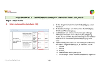 Pedoman Cascading Target Kinerja 154
Bagian Kinerja Utama
4. Kolom Indikator Kinerja Individu (IKI) a) IKI diisi dengan indikator kinerja Individu (IKI) yang sudah
ditentukan
b) IKI ditentukan dengan cara menurunkan IKU terkait yang
dimiliki oleh Atasan Langsung
c) Apabila dalam satu rencana kinerja terdapat beberapa
indikator, maka dapat dipilih satu indikator yang paling
mudah diukur dan/atau dapat mendatangkan nilai tambah/
memunculkan transformasi/pemberdayaan yang lebih
besar
d) Indikator kinerja harus disusun sesuai dengan karakteristik
dan kriteria yang telah ditetapkan, di antaranya adalah:
i. Spesifik,
ii. Terukur,
iii. Realistis,
iv. Memiliki batas waktu pencapaian,
v. Sesuai dengan kondisi internal dan eksternal organisasi
Pengisian Format A.1.2 – Format Rencana SKP Pejabat Administrasi Model Dasar/Inisiasi
 