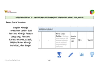 Pedoman Cascading Target Kinerja 157
Bagian Kinerja Tambahan
Bagian Kinerja
Tambahan terdiri dari
Rencana Kinerja Atasan
Langsung, Rencana
Kinerja Utama, Aspek,
IKI (Indikator Kinerja
Individu), dan Target
Pengisian Format A.1.2 – Format Rencana SKP Pejabat Administrasi Model Dasar/Inisiasi
 