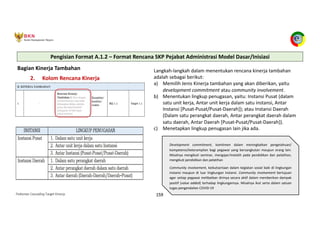 Pedoman Cascading Target Kinerja 159
Bagian Kinerja Tambahan
2. Kolom Rencana Kinerja
Langkah-langkah dalam menentukan rencana kinerja tambahan
adalah sebagai berikut:
a) Memilih Jenis Kinerja tambahan yang akan diberikan, yaitu
development commitment atau community involvement.
b) Menentukan lingkup penugasan, yaitu: Instansi Pusat (dalam
satu unit kerja, Antar unit kerja dalam satu instansi, Antar
Instansi [Pusat-Pusat/Pusat-Daerah]); atau Instansi Daerah
(Dalam satu perangkat daerah, Antar perangkat daerah dalam
satu daerah, Antar Daerah [Pusat-Pusat/Pusat-Daerah]).
c) Menetapkan lingkup penugasan lain jika ada.
Development commitment, komitmen dalam meningkatkan pengetahuan/
kompetensi/keterampilan bagi pegawai yang bersangkutan maupun orang lain.
Misalnya mengikuti seminar, mengajar/melatih pada pendidikan dan pelatihan,
mengikuti pendidikan dan pelatihan
Community involvement, keikutsertaan dalam kegiatan sosial baik di lingkungan
instansi maupun di luar lingkungan instansi. Community involvement bertujuan
agar setiap pegawai melibatkan dirinya secara aktif dalam memberikan dampak
positif (value added) terhadap lingkungannya. Misalnya ikut serta dalam satuan
tugas pengendalian COVID-19
Pengisian Format A.1.2 – Format Rencana SKP Pejabat Administrasi Model Dasar/Inisiasi
 