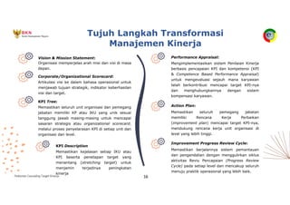 Pedoman Cascading Target Kinerja 16
Organisasi memperjelas arah misi dan visi di masa
depan.
Vision & Mission Statement:
Artikulasi visi ke dalam bahasa operasional untuk
menjawab tujuan strategik, indikator keberhasilan
visi dan target.
Corporate/Organizational Scorecard:
Memastikan seluruh unit organisasi dan pemegang
jabatan memiliki KP atau IKU yang unik sesuai
tanggung jawab masing-masing untuk mencapai
sasaran strategis atau organizational scorecard,
melalui proses penyelarasan KPI di setiap unit dan
organisasi dan level.
KPI Tree:
Mengimplementasikan sistem Penilaian Kinerja
berbasis pencapaian KPI dan kompetensi (KPI
& Competence Based Performance Appraisal)
untuk mengevaluasi sejauh mana karyawan
telah berkontribusi mencapai target KPI-nya
dan menghubungkannya dengan sistem
kompensasi karyawan.
Performance Appraisal:
Memastikan seluruh pemegang jabatan
memiliki Rencana Kerja Perbaikan
(improvement plan) mencapai target KPI-nya,
mendukung rencana kerja unit organisasi di
level yang lebih tinggi.
Action Plan:
Memastikan kejelasan setiap IKU atau
KPI beserta penetapan target yang
menantang (stretching target) untuk
menjamin terjadinya peningkatan
kinerja
KPI Description
Memastikan berjalannya sistem pemantauan
dan pengendalian dengan menggulirkan siklus
aktivitas Reviu Pencapaian (Progress Review
Cycle) pada setiap level dan mencakup seluruh
menuju praktik operasional yang lebih baik.
Improvement Progress Review Cycle:
Tujuh Langkah Transformasi
Manajemen Kinerja
 
