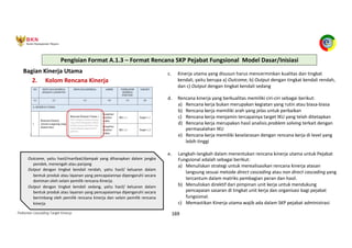 Pedoman Cascading Target Kinerja 169
Bagian Kinerja Utama
2. Kolom Rencana Kinerja
c. Kinerja utama yang disusun harus mencerminkan kualitas dan tingkat
kendali, yaitu berupa a) Outcome, b) Output dengan tingkat kendali rendah,
dan c) Output dengan tingkat kendali sedang
d. Rencana kinerja yang berkualitas memiliki ciri-ciri sebagai berikut:
a) Rencana kerja bukan merupakan kegiatan yang rutin atau biasa-biasa
b) Rencana kerja memiliki arah yang jelas untuk perbaikan
c) Rencana kerja menjamin tercapainya target IKU yang telah ditetapkan
d) Rencana kerja merupakan hasil analisis problem solving terkait dengan
permasalahan IKU
e) Rencana kerja memiliki keselarasan dengan rencana kerja di level yang
lebih tinggi
e. Langkah-langkah dalam menentukan rencana kinerja utama untuk Pejabat
Fungsional adalah sebagai berikut:
a) Menuliskan strategi untuk merealisasikan rencana kinerja atasan
langsung sesuai metode direct cascading atau non direct cascading yang
tercantum dalam matriks pembagian peran dan hasil.
b) Menuliskan direktif dari pimpinan unit kerja untuk mendukung
pencapaian sasaran di tingkat unit kerja dan organisasi bagi pejabat
fungsional.
c) Memastikan Kinerja utama wajib ada dalam SKP pejabat administrasi
Outcome, yaitu hasil/manfaat/dampak yang diharapkan dalam jangka
pendek, menengah atau panjang
Output dengan tingkat kendali rendah, yaitu hasil/ keluaran dalam
bentuk produk atau layanan yang pencapaiannya dipengaruhi secara
dominan oleh selain pemilik rencana Kinerja.
Output dengan tingkat kendali sedang, yaitu hasil/ keluaran dalam
bentuk produk atau layanan yang pencapaiannya dipengaruhi secara
berimbang oleh pemilik rencana kinerja dan selain pemilik rencana
kinerja
Pengisian Format A.1.3 – Format Rencana SKP Pejabat Fungsional Model Dasar/Inisiasi
 
