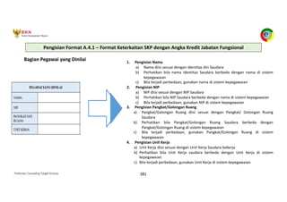 Pedoman Cascading Target Kinerja 181
Bagian Pegawai yang Dinilai 1. Pengisian Nama
a) Nama diisi sesuai dengan identitas diri Saudara
b) Perhatikan bila nama identitas Saudara berbeda dengan nama di sistem
kepegawaian
c) Bila terjadi perbedaan, gunakan nama di sistem kepegawaian
2. Pengisian NIP
a) NIP diisi sesuai dengan NIP Saudara
b) Perhatikan bila NIP Saudara berbeda dengan nama di sistem kepegawaian
c) Bila terjadi perbedaan, gunakan NIP di sistem kepegawaian
3. Pengisian Pangkat/Golongan Ruang
a) Pangkat/Golongan Ruang diisi sesuai dengan Pangkat/ Golongan Ruang
Saudara
b) Perhatikan bila Pangkat/Golongan Ruang Saudara berbeda dengan
Pangkat/Golongan Ruang di sistem kepegawaian
c) Bila terjadi perbedaan, gunakan Pangkat/Golongan Ruang di sistem
kepegawaian
4. Pengisian Unit Kerja
a) Unit Kerja diisi sesuai dengan Unit Kerja Saudara bekerja
b) Perhatikan bila Unit Kerja saudara berbeda dengan Unit Kerja di sistem
kepegawaian
c) Bila terjadi perbedaan, gunakan Unit Kerja di sistem kepegawaian
Pengisian Format A.4.1 – Format Keterkaitan SKP dengan Angka Kredit Jabatan Fungsional
 