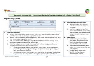 Pedoman Cascading Target Kinerja 183
Bagian Kinerja Utama
1) Bagian Rencana Kinerja
a) Rencana Kinerja Utama diisi dengan rencana kinerja yang telah dituangkan dalam matriks
peran dan hasil serta sesuai dengan tugas pokok jabatan.
b) Rencana Kinerja Utama diisi dengan direktif untuk pencapaian sasaran organisasi/unit kerja
yang sesuai dengan tugas pokok jabatan
c) Pada Format Keterkaitan SKP dengan Angka Kredit, isilah bagian Rencana Kinerja sesuai
dengan Rencana Kinerja pada Format Rencana SKP
d) Dalam hal terdapat rencana Kinerja utama yang tidak terkait, maka pegawai bersama
pejabat penilai memperbaiki Rencana SKP dengan:
i. menambahkan peran pegawai pada rencana Kinerja utama (sesuai tugas pokok
jabatan fungsionalnya yang selaras dengan Kinerja atasan langsung, tim kerja, unit
kerja atau organisasi) dan/atau
ii. memindahkan rencana Kinerja utama yang tidak terkait dengan tugas pokok jabatan
fungsional yang dijabarkan dalam butir kegiatan ke rencana Kinerja tambahan.
2) Bagian Butir Kegiatan yang Terkait
a) Sebelum mengisi butir kegiatan,
perhatikan rencana kinerja pada
Format ini
b) Isilah butir kegiatan yang terkait
sesuai dengan rencana kinerja yang
telah dituliskan, butir kegiatan pada
setiap rencana kinerja dapat lebih
dari satu.
3) Bagian Output
a) Sebelum mengisi butir kegiatan
yang terkait, perhatikan rencana
kinerja dan butir kegiatan yang
telah dituliskan pada Format ini
b) Isilah bagian output dengan bentuk
output yang sesuai dengan tiap-tiap
butir kegiatan
c) Tuliskan bentuk output yang
spesifik, misalnya: Laporan
Monitoring dan Evaluasi
Pengisian Format A.4.1 – Format Keterkaitan SKP dengan Angka Kredit Jabatan Fungsional
 