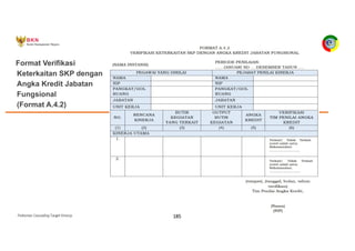 Pedoman Cascading Target Kinerja 185
Format Verifikasi
Keterkaitan SKP dengan
Angka Kredit Jabatan
Fungsional
(Format A.4.2)
 