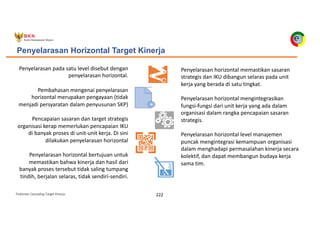 Pedoman Cascading Target Kinerja 222
Penyelarasan Horizontal Target Kinerja
Penyelarasan pada satu level disebut dengan
penyelarasan horizontal.
Pembahasan mengenai penyelarasan
horizontal merupakan pengayaan (tidak
menjadi persyaratan dalam penyusunan SKP)
Pencapaian sasaran dan target strategis
organisasi kerap memerlukan pencapaian IKU
di banyak proses di unit-unit kerja. Di sini
dilakukan penyelarasan horizontal
Penyelarasan horizontal bertujuan untuk
memastikan bahwa kinerja dan hasil dari
banyak proses tersebut tidak saling tumpang
tindih, berjalan selaras, tidak sendiri-sendiri.
Penyelarasan horizontal memastikan sasaran
strategis dan IKU dibangun selaras pada unit
kerja yang berada di satu tingkat.
Penyelarasan horizontal mengintegrasikan
fungsi-fungsi dari unit kerja yang ada dalam
organisasi dalam rangka pencapaian sasaran
strategis.
Penyelarasan horizontal level manajemen
puncak mengintegrasi kemampuan organisasi
dalam menghadapi permasalahan kinerja secara
kolektif, dan dapat membangun budaya kerja
sama tim.
 