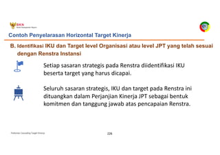 Pedoman Cascading Target Kinerja 226
B. Identifikasi IKU dan Target level Organisasi atau level JPT yang telah sesuai
dengan Renstra Instansi
Contoh Penyelarasan Horizontal Target Kinerja
Setiap sasaran strategis pada Renstra diidentifikasi IKU
beserta target yang harus dicapai.
Seluruh sasaran strategis, IKU dan target pada Renstra ini
dituangkan dalam Perjanjian Kinerja JPT sebagai bentuk
komitmen dan tanggung jawab atas pencapaian Renstra.
 
