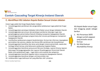 Pedoman Cascading Target Kinerja 240
C. Identifikasi IKU Jabatan Kepala Badan Sesuai Uraian Jabatan
Contoh Cascading Target Kinerja Instansi Daerah
Uraian tugas pokok dan fungsi Kepala Badan meliputi :
1. menyelenggarakan pembinaan dan pengendalian pelaksanaan tugas pokok dan fungsi
Badan;
2. menyelenggarakan penetapan kebijakan teknis Badan sesuai dengan kebijakan Daerah;
3. menyelenggarakan perumusan dan penetapan pemberian dukungan tugas atas
penyelenggaraan pemerintahan Daerah di bidang manajemen kepegawaian Daerah;
4. menyelenggarakan penetapan program kerja dan rencana pembangunan manajemen
kepegawaian Daerah;
5. memfasilitasi pelaksanaan program kesekretariatan, formasi dan informasi, kepangkatan
pemindahan dan pensiun, jabatan dan kinerja ASN, pembinaan dan kesejahteraan.
6. menyelenggarakan koordinasi dan kerja sama dengan instansi pemerintah, swasta dan
lembaga terkait lainnya untuk kelancaran pelaksanaan kegiatan Badan;
7. menyelenggarakan koordinasi penyusunan Rencana Strategis, Laporan Kinerja, laporan
keterangan Pertanggungjawaban dan Laporan Penyelenggaraan Pemerintah Daerah
Badan serta pelaksanaan tugas – tugas teknis serta evaluasi dan pelaporan;
8. menyelenggarakan koordinasi kegiatan teknis manajemen kepegawaian Daerah;
9. menyelenggarakan koordinasi dengan unit kerja terkait; dan
10. melaksanakan tugas kedinasan lain yang diberikan oleh pimpinan.
IKU Kepala Badan sesuai tugas
dan tanggung jawab sebagai
berikut:
1. IKU Persentase SKPD
dengan jumlah pegawai
yang tersedia sesuai
formasi
2. IKU Nilai Evaluasi
Akuntabilitas Kinerja
 
