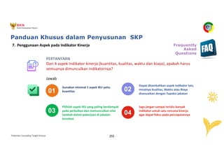 Pedoman Cascading Target Kinerja 255
01
03
02
04
Gunakan minimal 1 aspek IKU yaitu
kuantitas
Pilihlah aspek IKU yang paling berdampak
pada perbaikan dan memunculkan nilai
tambah dalam pekerjaan di jabatan
tersebut.
Dapat ditambahkan aspek indikator lain,
misalnya Kualitas, Waktu atau Biaya
disesuaikan dengan Tupoksi jabatan
Jaga jangan sampai terlalu banyak
indikator untuk satu rencana kinerja
agar dapat fokus pada pencapaiannya
PERTANYAAN
Dari 4 aspek Indikator kinerja (kuantitas, kualitas, waktu dan biaya), apakah harus
semuanya dimunculkan indikatornya?
7. Penggunaan Aspek pada Indikator Kinerja
Jawab
Frequently
Asked
Questions
Panduan Khusus dalam Penyusunan SKP
 