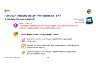 Pedoman Cascading Target Kinerja 256
Jawab: Keterkaitan IKU dengan Angka Kredit
Keterkaitan rencana kerja dengan angka kredit mengacu pada
substansinya.
Satu rencana kinerja dapat mencakup beberapa angka kredit jika secara
substansi masih relevan.
Keterkaitan rencana kerja dengan angka kredit perlu disepakati dan
divalidasi bersama atasan
PERTANYAAN
Apakah pada Keterkaitan IKU dengan angka kredit dapat diartikan satu
rencana kerja berkaitan dengan satu angka kredit?
8. Keterkaitan IKU dengan Angka Kredit Frequently
Asked
Questions
Panduan Khusus dalam Penyusunan SKP
 