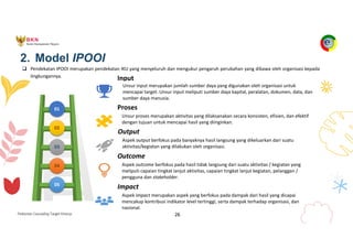Pedoman Cascading Target Kinerja 26
2. Model IPOOI
q Pendekatan IPOOI merupakan pendekatan IKU yang menyeluruh dan mengukur pengaruh perubahan yang dibawa oleh organisasi kepada
lingkungannya.
05
04
03
02
01
Impact
Aspek impact merupakan aspek yang berfokus pada dampak dari hasil yang dicapai
mencakup kontribusi indikator level tertinggi, serta dampak terhadap organisasi, dan
nasional.
Proses
Unsur proses merupakan aktivitas yang dilaksanakan secara konsisten, efisien, dan efektif
dengan tujuan untuk mencapai hasil yang diinginkan.
Outcome
Aspek outcome berfokus pada hasil tidak langsung dari suatu aktivitas / kegiatan yang
meliputi capaian tingkat lanjut aktivitas, capaian tingkat lanjut kegiatan, pelanggan /
pengguna dan stakeholder.
Output
Aspek output berfokus pada banyaknya hasil langsung yang dikeluarkan dari suatu
aktivitas/kegiatan yang dilakukan oleh organisasi.
Input
Unsur input merupakan jumlah sumber daya yang digunakan oleh organisasi untuk
mencapai target. Unsur input meliputi sumber daya kapital, peralatan, dokumen, data, dan
sumber daya manusia.
 