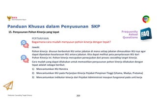 Pedoman Cascading Target Kinerja 263
PERTANYAAN
Bagaimana cara mudah menyusun pohon kinerja dengan tepat?
Jawab:
Pohon kinerja disusun berbentuk IKU antar jabatan di mana setiap jabatan dimasukkan IKU-nya agar
dapat dipetakan keselarasan IKU antara jabatan. Kita dapat melihat peta penyelarasan IKU dari
Pohon Kinerja ini. Pohon kinerja merupakan perwujudan dari proses cascading target kinerja.
Cara mudah yang dapat dilakukan untuk memastikan penyusunan pohon kinerja dilakukan dengan
tepat adalah sebagai berikut:
1) Mencantumkan IKU Renstra
2) Mencantumkan IKU pada Perjanjian Kinerja Pejabat Pimpinan Tinggi (Utama, Madya, Pratama)
3) Mencantumkan indikator kinerja dari Pejabat Administrasi maupun fungsional pada unit kerja
15. Penyusunan Pohon Kinerja yang tepat Frequently
Asked
Questions
Panduan Khusus dalam Penyusunan SKP
 