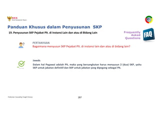 Pedoman Cascading Target Kinerja 267
PERTANYAAN
Bagaimana menyusun SKP Pejabat Plt. di instansi lain dan atau di bidang lain?
Jawab:
Dalam hal Pegawai adalah Plt, maka yang bersangkutan harus menyusun 2 (dua) SKP, yaitu
SKP untuk jabatan definitif dan SKP untuk jabatan yang dipegang sebagai Plt.
19. Penyusunan SKP Pejabat Plt. di Instansi Lain dan atau di Bidang Lain Frequently
Asked
Questions
Panduan Khusus dalam Penyusunan SKP
 