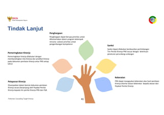 Pedoman Cascading Target Kinerja 41
Tindak Lanjut
Pelaporan Kinerja
Disampaikan dalam bentuk dokumen penilaian
Kinerja secara berjenjang oleh Pejabat Penilai
Kinerja kepada tim penilai Kinerja PNS dan PyB.
Pemeringkatan Kinerja
Pemeringkatan kinerja dilakukan dengan
membandingkan nilai Kinerja dan predikat Kinerja
pada dokumen penilaian Kinerja antar PNS setiap
tahun
Penghargaan
Penghargaan dapat berupa prioritas untuk
diikutsertakan dalam program kelompok
rencana suksesi prioritas untuk
pengembangan kompetensi
Sanksi
Sanksi dapat dilakukan berdasarkan pertimbangan
Tim Penilai Kinerja PNS sesuai dengan ketentuan
peraturan perundang-undangan
Keberatan
PNS dapat mengajukan keberatan atas hasil penilaian
Kinerja disertai alasan keberatan kepada atasan dari
Pejabat Penilai Kinerja
 