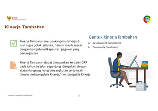 Pedoman Cascading Target Kinerja 51
Kinerja Tambahan
Kinerja Tambahan merupakan jenis kinerja di
luar tugas pokok jabatan, namun masih sesuai
dengan kompetensi/kapasitas pegawai yang
bersangkutan
Kinerja Tambahan dapat dimasukkan ke dalam SKP
pada tahun berjalan sepanjang disepakati dengan
atasan langsung yang bersangkutan serta telah
direviu oleh pengelola Kinerja/ tim pengelola Kinerja
Bentuk Kinerja Tambahan
a. Development Commitment
b. Community Comitment
 