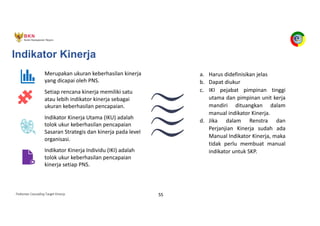 Pedoman Cascading Target Kinerja 55
Merupakan ukuran keberhasilan kinerja
yang dicapai oleh PNS.
Setiap rencana kinerja memiliki satu
atau lebih indikator kinerja sebagai
ukuran keberhasilan pencapaian.
Indikator Kinerja Utama (IKU) adalah
tolok ukur keberhasilan pencapaian
Sasaran Strategis dan kinerja pada level
organisasi.
Indikator Kinerja Individu (IKI) adalah
tolok ukur keberhasilan pencapaian
kinerja setiap PNS.
Indikator Kinerja
a. Harus didefinisikan jelas
b. Dapat diukur
c. IKI pejabat pimpinan tinggi
utama dan pimpinan unit kerja
mandiri dituangkan dalam
manual indikator Kinerja.
d. Jika dalam Renstra dan
Perjanjian Kinerja sudah ada
Manual Indikator Kinerja, maka
tidak perlu membuat manual
indikator untuk SKP.
 