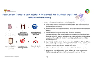 Pedoman Cascading Target Kinerja 73
Tahap 5 : Menetapkan Target pada Format Rencana SKP
a. Target kinerja merupakan hasil kerja yang diharapkan akan dicapai dari setiap
pelaksanaan rencana kinerja.
b. Penetapan target merupakan kesepakatan antara pejabat penilai kinerja dengan
pegawai
c. Penentuan target kinerja ini berdasarkan Peraturan perundang-
undangan/kebijakan yang berlaku, Data terkini/data baseline/realisasi terakhir,
Ekspektasi penerima layanan, Rasionalitas dan tingkat seberapa menantangnya
suatu target kinerja, Direktif pimpinan, potensi/proyeksi kondisi internal dan
eksternal organisasi
d. Target kinerja sebaiknya tidak dituliskan secara mutlak ( “semua”, “selalu”, “tidak
pernah”, “setiap”), kecuali yang berkaitan dengan nyawa, cedera, pelanggaran
keamanan nasional dan kerugian moneter yang besar.
e. Hal ini untuk memberikan toleransi batas kesalahan atas kinerja pegawai.
f. Setelah target kinerja ditentukan, format rencana SKP model dasar/inisiasi
diajukan kepada pengelola kinerja/tim pengelola kinerja untuk direviu.
Penyusunan Rencana SKP Pejabat Administrasi dan Pejabat Fungsional
(Model Dasar/Inisiasi)
 