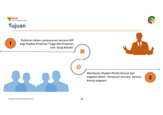 Pedoman Cascading Target Kinerja 97
Tujuan
Pedoman dalam penyusunan rencana SKP
bagi Pejabat Pimpinan Tinggi dan Pimpinan
Unit Kerja Mandiri
Membantu Pejabat Penilai Kinerja dan
pegawai dalam menyusun rencana sasaran
kinerja pegawai
1
2
 