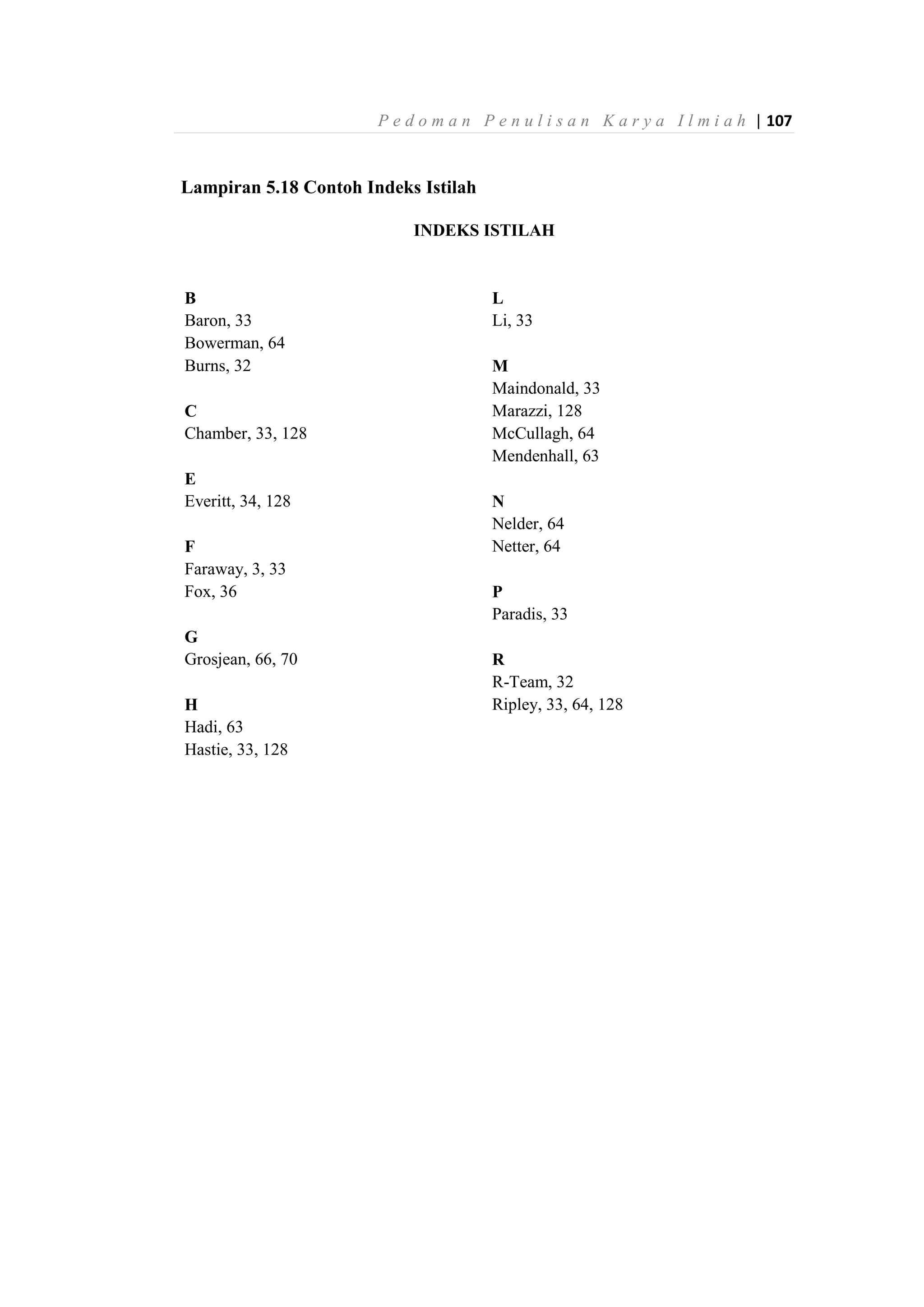 P e d o m a n P e n u l i s a n K a r y a I l m i a h | 107
Lampiran 5.18 Contoh Indeks Istilah
INDEKS ISTILAH
B
Baron, 33
Bowerman, 64
Burns, 32
C
Chamber, 33, 128
E
Everitt, 34, 128
F
Faraway, 3, 33
Fox, 36
G
Grosjean, 66, 70
H
Hadi, 63
Hastie, 33, 128
L
Li, 33
M
Maindonald, 33
Marazzi, 128
McCullagh, 64
Mendenhall, 63
N
Nelder, 64
Netter, 64
P
Paradis, 33
R
R-Team, 32
Ripley, 33, 64, 128
 