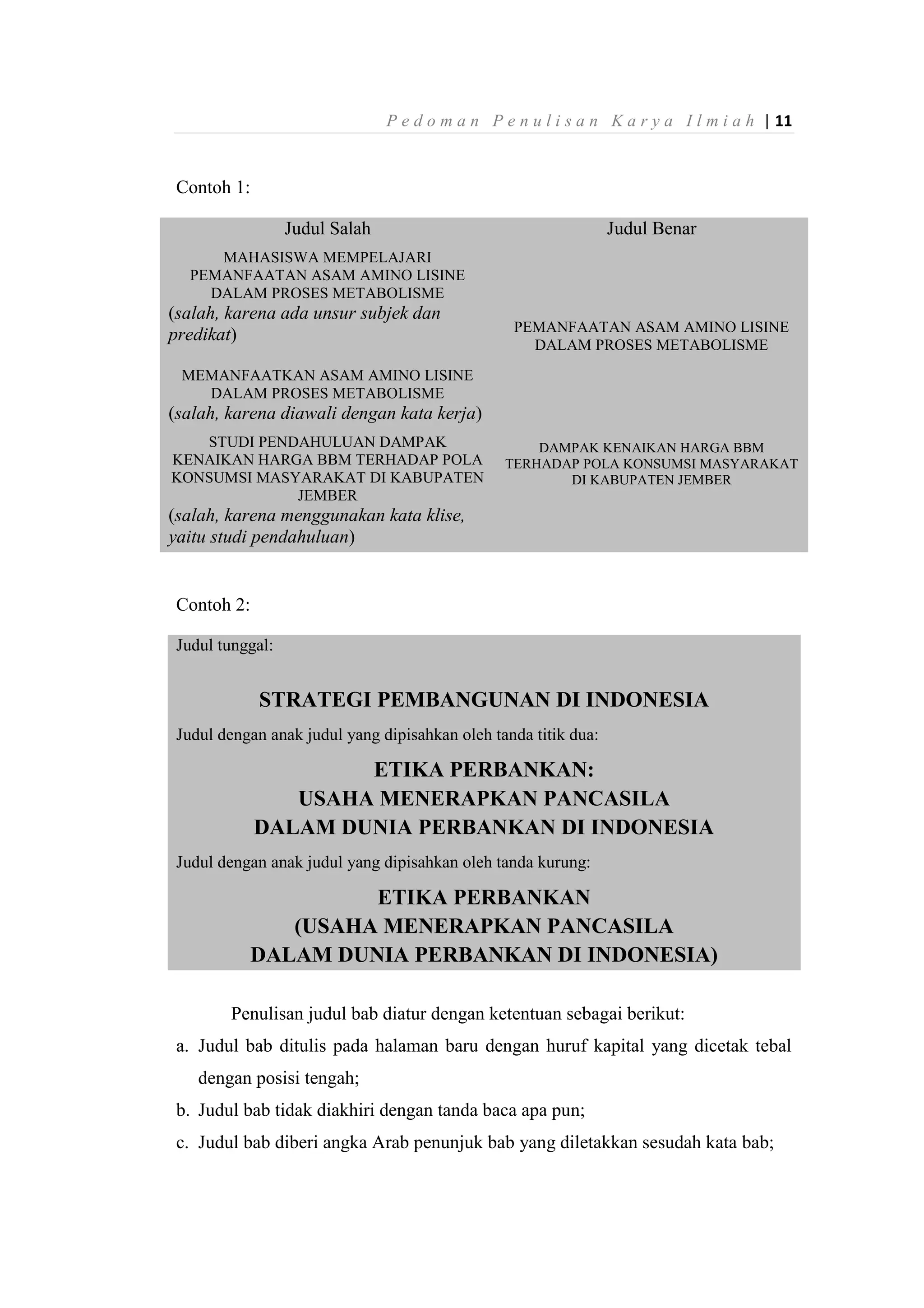 P e d o m a n P e n u l i s a n K a r y a I l m i a h | 11
Contoh 1:
Judul Salah Judul Benar
MAHASISWA MEMPELAJARI
PEMANFAATAN ASAM AMINO LISINE
DALAM PROSES METABOLISME
(salah, karena ada unsur subjek dan
predikat)
MEMANFAATKAN ASAM AMINO LISINE
DALAM PROSES METABOLISME
(salah, karena diawali dengan kata kerja)
PEMANFAATAN ASAM AMINO LISINE
DALAM PROSES METABOLISME
STUDI PENDAHULUAN DAMPAK
KENAIKAN HARGA BBM TERHADAP POLA
KONSUMSI MASYARAKAT DI KABUPATEN
JEMBER
(salah, karena menggunakan kata klise,
yaitu studi pendahuluan)
DAMPAK KENAIKAN HARGA BBM
TERHADAP POLA KONSUMSI MASYARAKAT
DI KABUPATEN JEMBER
Contoh 2:
Judul tunggal:
STRATEGI PEMBANGUNAN DI INDONESIA
Judul dengan anak judul yang dipisahkan oleh tanda titik dua:
ETIKA PERBANKAN:
USAHA MENERAPKAN PANCASILA
DALAM DUNIA PERBANKAN DI INDONESIA
Judul dengan anak judul yang dipisahkan oleh tanda kurung:
ETIKA PERBANKAN
(USAHA MENERAPKAN PANCASILA
DALAM DUNIA PERBANKAN DI INDONESIA)
Penulisan judul bab diatur dengan ketentuan sebagai berikut:
a. Judul bab ditulis pada halaman baru dengan huruf kapital yang dicetak tebal
dengan posisi tengah;
b. Judul bab tidak diakhiri dengan tanda baca apa pun;
c. Judul bab diberi angka Arab penunjuk bab yang diletakkan sesudah kata bab;
 
