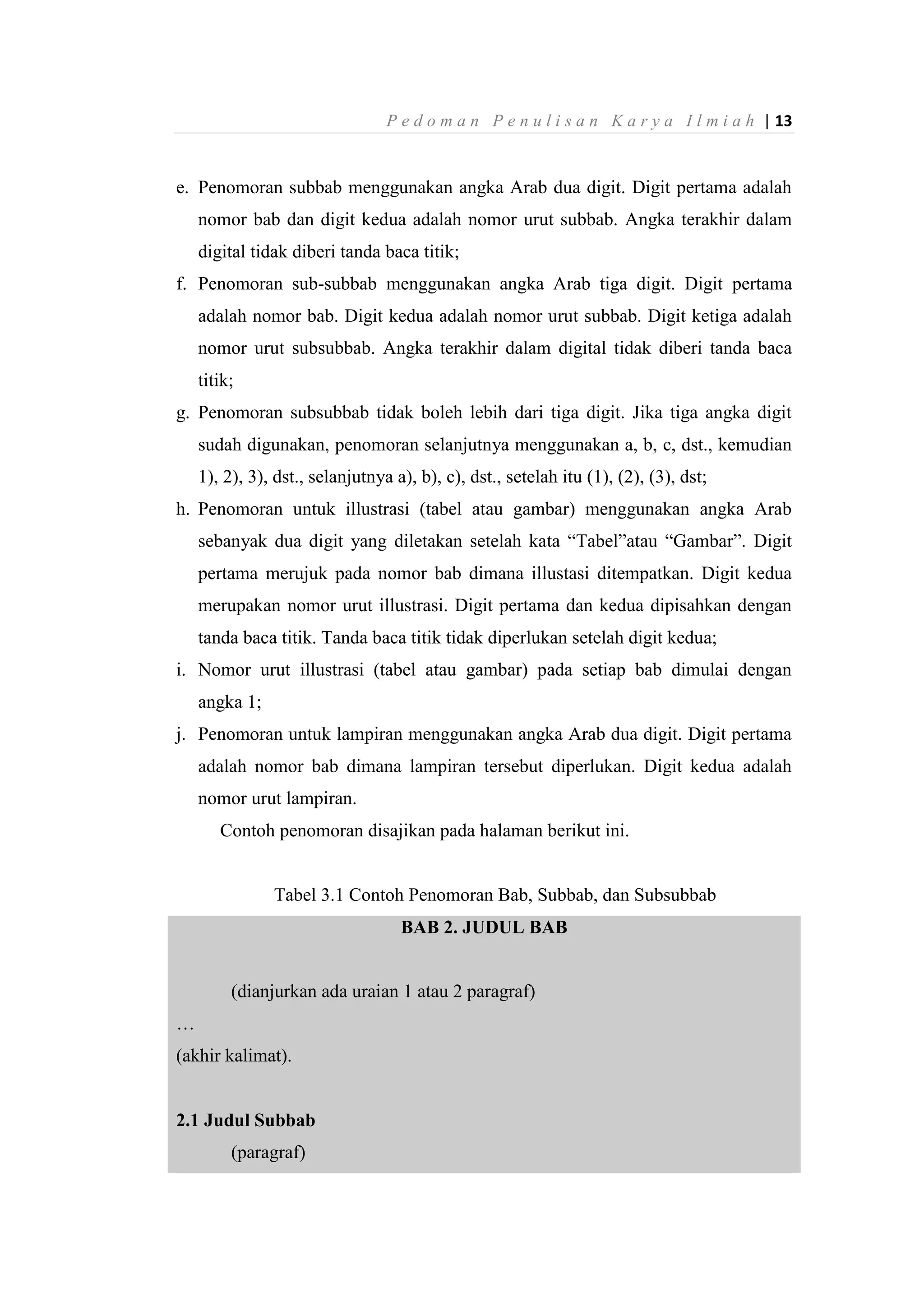 P e d o m a n P e n u l i s a n K a r y a I l m i a h | 13
e. Penomoran subbab menggunakan angka Arab dua digit. Digit pertama adalah
nomor bab dan digit kedua adalah nomor urut subbab. Angka terakhir dalam
digital tidak diberi tanda baca titik;
f. Penomoran sub-subbab menggunakan angka Arab tiga digit. Digit pertama
adalah nomor bab. Digit kedua adalah nomor urut subbab. Digit ketiga adalah
nomor urut subsubbab. Angka terakhir dalam digital tidak diberi tanda baca
titik;
g. Penomoran subsubbab tidak boleh lebih dari tiga digit. Jika tiga angka digit
sudah digunakan, penomoran selanjutnya menggunakan a, b, c, dst., kemudian
1), 2), 3), dst., selanjutnya a), b), c), dst., setelah itu (1), (2), (3), dst;
h. Penomoran untuk illustrasi (tabel atau gambar) menggunakan angka Arab
sebanyak dua digit yang diletakan setelah kata “Tabel”atau “Gambar”. Digit
pertama merujuk pada nomor bab dimana illustasi ditempatkan. Digit kedua
merupakan nomor urut illustrasi. Digit pertama dan kedua dipisahkan dengan
tanda baca titik. Tanda baca titik tidak diperlukan setelah digit kedua;
i. Nomor urut illustrasi (tabel atau gambar) pada setiap bab dimulai dengan
angka 1;
j. Penomoran untuk lampiran menggunakan angka Arab dua digit. Digit pertama
adalah nomor bab dimana lampiran tersebut diperlukan. Digit kedua adalah
nomor urut lampiran.
Contoh penomoran disajikan pada halaman berikut ini.
Tabel 3.1 Contoh Penomoran Bab, Subbab, dan Subsubbab
BAB 2. JUDUL BAB
(dianjurkan ada uraian 1 atau 2 paragraf)
…
(akhir kalimat).
2.1 Judul Subbab
(paragraf)
 