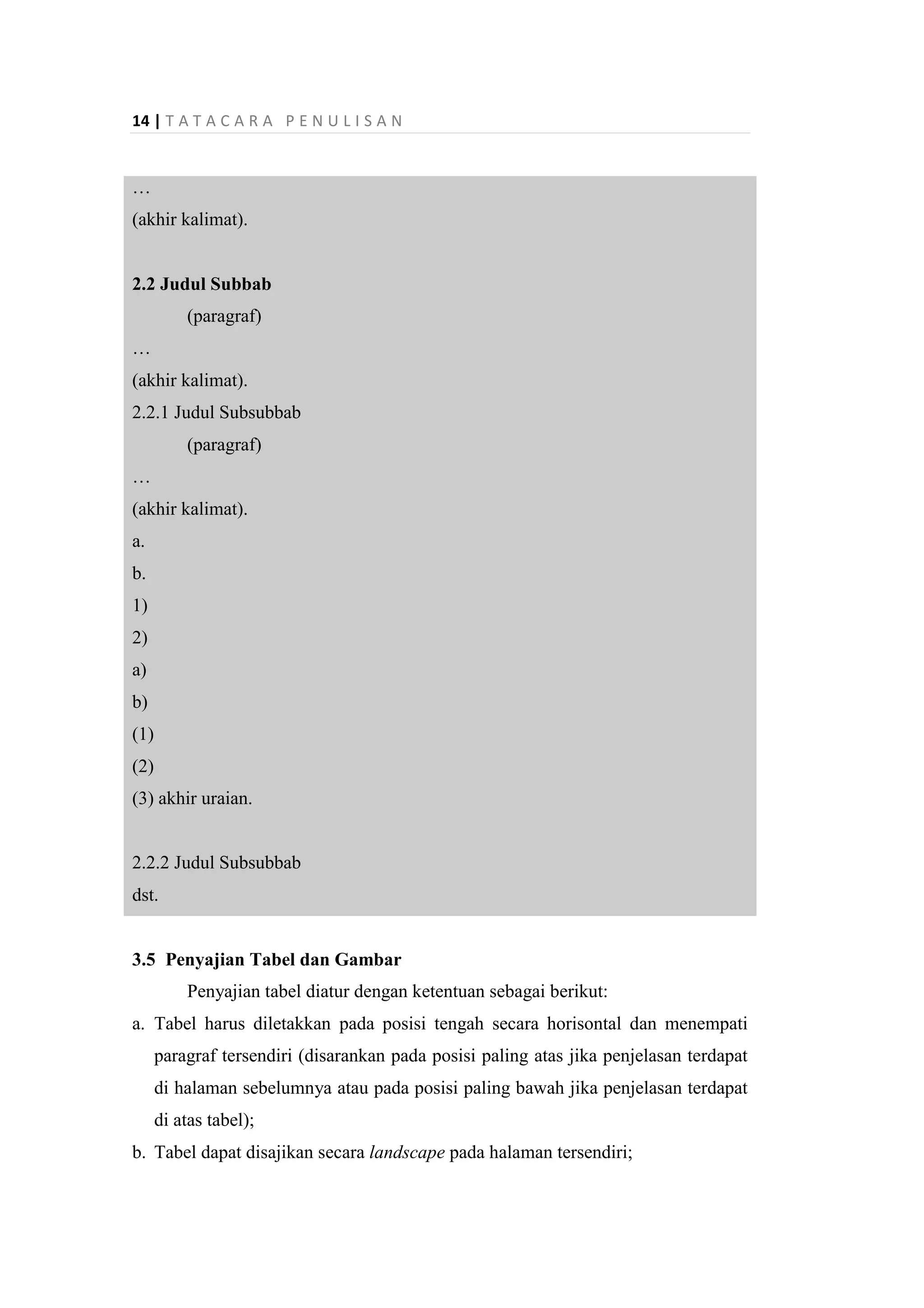 14 | T A T A C A R A P E N U L I S A N
…
(akhir kalimat).
2.2 Judul Subbab
(paragraf)
…
(akhir kalimat).
2.2.1 Judul Subsubbab
(paragraf)
…
(akhir kalimat).
a.
b.
1)
2)
a)
b)
(1)
(2)
(3) akhir uraian.
2.2.2 Judul Subsubbab
dst.
3.5 Penyajian Tabel dan Gambar
Penyajian tabel diatur dengan ketentuan sebagai berikut:
a. Tabel harus diletakkan pada posisi tengah secara horisontal dan menempati
paragraf tersendiri (disarankan pada posisi paling atas jika penjelasan terdapat
di halaman sebelumnya atau pada posisi paling bawah jika penjelasan terdapat
di atas tabel);
b. Tabel dapat disajikan secara landscape pada halaman tersendiri;
 