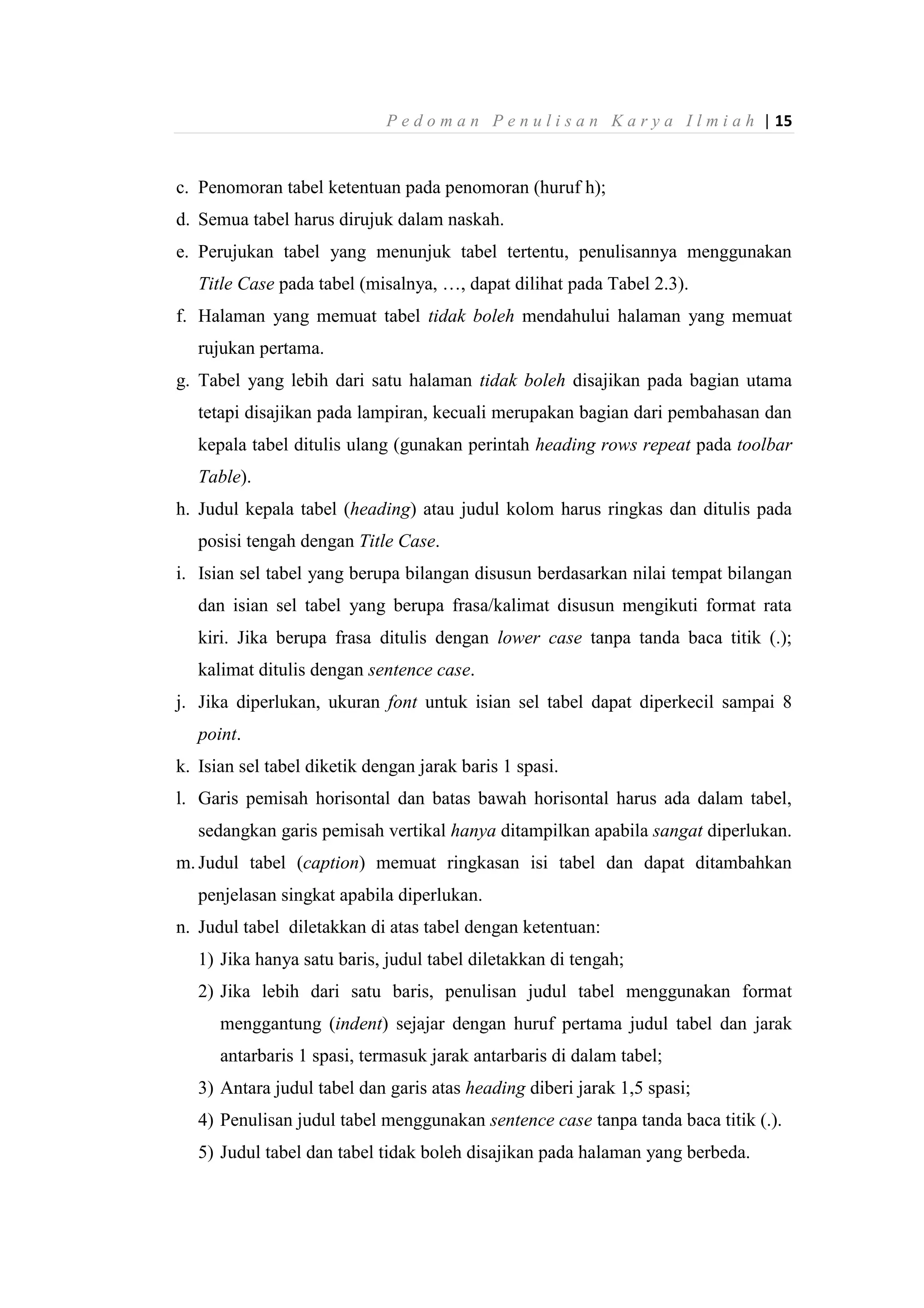 P e d o m a n P e n u l i s a n K a r y a I l m i a h | 15
c. Penomoran tabel ketentuan pada penomoran (huruf h);
d. Semua tabel harus dirujuk dalam naskah.
e. Perujukan tabel yang menunjuk tabel tertentu, penulisannya menggunakan
Title Case pada tabel (misalnya, …, dapat dilihat pada Tabel 2.3).
f. Halaman yang memuat tabel tidak boleh mendahului halaman yang memuat
rujukan pertama.
g. Tabel yang lebih dari satu halaman tidak boleh disajikan pada bagian utama
tetapi disajikan pada lampiran, kecuali merupakan bagian dari pembahasan dan
kepala tabel ditulis ulang (gunakan perintah heading rows repeat pada toolbar
Table).
h. Judul kepala tabel (heading) atau judul kolom harus ringkas dan ditulis pada
posisi tengah dengan Title Case.
i. Isian sel tabel yang berupa bilangan disusun berdasarkan nilai tempat bilangan
dan isian sel tabel yang berupa frasa/kalimat disusun mengikuti format rata
kiri. Jika berupa frasa ditulis dengan lower case tanpa tanda baca titik (.);
kalimat ditulis dengan sentence case.
j. Jika diperlukan, ukuran font untuk isian sel tabel dapat diperkecil sampai 8
point.
k. Isian sel tabel diketik dengan jarak baris 1 spasi.
l. Garis pemisah horisontal dan batas bawah horisontal harus ada dalam tabel,
sedangkan garis pemisah vertikal hanya ditampilkan apabila sangat diperlukan.
m. Judul tabel (caption) memuat ringkasan isi tabel dan dapat ditambahkan
penjelasan singkat apabila diperlukan.
n. Judul tabel diletakkan di atas tabel dengan ketentuan:
1) Jika hanya satu baris, judul tabel diletakkan di tengah;
2) Jika lebih dari satu baris, penulisan judul tabel menggunakan format
menggantung (indent) sejajar dengan huruf pertama judul tabel dan jarak
antarbaris 1 spasi, termasuk jarak antarbaris di dalam tabel;
3) Antara judul tabel dan garis atas heading diberi jarak 1,5 spasi;
4) Penulisan judul tabel menggunakan sentence case tanpa tanda baca titik (.).
5) Judul tabel dan tabel tidak boleh disajikan pada halaman yang berbeda.
 