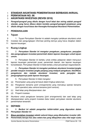 Komite Standar Akuntansi Pemerintahan PSAP Nomor 06 - 135
STANDAR AKUNTANSI PEMERINTAHAN BERBASIS AKRUAL
1
PERNYATAAN NO. 06
2
AKUNTANSI INVESTASI (REVISI 2016)
3
Paragraf-paragraf yang ditulis dengan huruf tebal dan miring adalah paragraf
4
standar, yang harus dibaca dalam konteks paragraf-paragraf penjelasan yang
5
ditulis dengan huruf biasa dan Kerangka Konseptual Akuntansi Pemerintahan.
6
PENDAHULUAN
7
Tujuan
8
1. Tujuan Pernyataan Standar ini adalah mengatur perlakuan akuntansi untuk
9
investasi dan pengungkapan informasi penting lainnya yang harus disajikan dalam
10
laporan keuangan.
11
Ruang Lingkup
12
2. Pernyataan Standar ini mengatur pengakuan, pengukuran, penyajian
13
dan pengungkapan investasi pemerintah dalam laporan keuangan untuk tujuan
14
umum.
15
3. Pernyataan Standar ini berlaku untuk entitas pelaporan dalam menyusun
16
laporan keuangan pemerintah pusat, pemerintah daerah, dan laporan keuangan
17
konsolidasian. Pernyataan Standar ini tidak berlaku untuk perusahaan negara/daerah.
18
4. Pernyataan Standar ini mengatur perlakuan akuntansi investasi jangka
19
pendek maupun investasi jangka panjang yang meliputi pengakuan, klasifikasi,
20
pengukuran dan metode akuntansi investasi, serta penyajian dan
21
pengungkapannya pada laporan keuangan.
22
5. Pernyataan Standar ini tidak mengatur:
23
(a) Penempatan uang yang termasuk dalam lingkup setara kas;
24
(b) Pengaturan bersama (joint arrangements) yang mencakup operasi bersama
25
(joint operation) atau ventura bersama (joint venture);
26
(c) Aset tetap yang dikerjasamakan; dan
27
(d) Properti investasi.
28
Akuntansi untuk pengaturan bersama (joint arrangements) dan aset tetap yang
29
dikerjasamakan serta properti investasi diatur dalam pernyataan standar akuntansi
30
pemerintahan tersendiri.
31
DEFINISI
32
6. Berikut ini adalah pengertian istilah-istilah yang digunakan dalam
33
Pernyataan Standar ini:
34
Biaya perolehan investasi adalah seluruh biaya yang dikeluarkan investor (dhi.
35
Pemerintah) berupa kas atau setara kas yang dibayarkan atau nilai wajar suatu
36
 