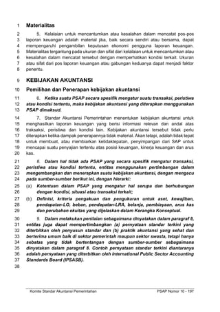 Komite Standar Akuntansi Pemerintahan PSAP Nomor 10 - 197
Materialitas
1
5. Kelalaian untuk mencantumkan atau kesalahan dalam mencatat pos-pos
2
laporan keuangan adalah material jika, baik secara sendiri atau bersama, dapat
3
mempengaruhi pengambilan keputusan ekonomi pengguna laporan keuangan.
4
Materialitas tergantung pada ukuran dan sifat dari kelalaian untuk mencantumkan atau
5
kesalahan dalam mencatat tersebut dengan memperhatikan kondisi terkait. Ukuran
6
atau sifat dari pos laporan keuangan atau gabungan keduanya dapat menjadi faktor
7
penentu.
8
KEBIJAKAN AKUNTANSI
9
Pemilihan dan Penerapan kebijakan akuntansi
10
6. Ketika suatu PSAP secara spesifik mengatur suatu transaksi, peristiwa
11
atau kondisi tertentu, maka kebijakan akuntansi yang diterapkan menggunakan
12
PSAP dimaksud.
13
7. Standar Akuntansi Pemerintahan menentukan kebijakan akuntansi untuk
14
menghasilkan laporan keuangan yang berisi informasi relevan dan andal atas
15
traksaksi, peristiwa dan kondisi lain. Kebijakan akuntansi tersebut tidak perlu
16
diterapkan ketika dampak penerapannya tidak material. Akan tetapi, adalah tidak tepat
17
untuk membuat, atau membiarkan ketidaktepatan, penyimpangan dari SAP untuk
18
mencapai suatu penyajian tertentu atas posisi keuangan, kinerja keuangan dan arus
19
kas.
20
8. Dalam hal tidak ada PSAP yang secara spesifik mengatur transaksi,
21
peristiwa atau kondisi tertentu, entitas menggunakan pertimbangan dalam
22
mengembangkan dan menerapkan suatu kebijakan akuntansi, dengan mengacu
23
pada sumber-sumber berikut ini, dengan hierarki:
24
(a) Ketentuan dalam PSAP yang mengatur hal serupa dan berhubungan
25
dengan kondisi, situasi atau transaksi terkait;
26
(b) Definisi, kriteria pengakuan dan pengukuran untuk aset, kewajiban,
27
pendapatan-LO, beban, pendapatan-LRA, belanja, pembiayaan, arus kas
28
dan perubahan ekuitas yang dijelaskan dalam Kerangka Konseptual.
29
9. Dalam melakukan penilaian sebagaimana dinyatakan dalam paragraf 8,
30
entitas juga dapat mempertimbangkan (a) pernyataan standar terkini yang
31
diterbitkan oleh penyusun standar dan (b) praktik akuntansi yang sehat dan
32
berterima umum baik di sektor pemerintah maupun sektor swasta, tetapi hanya
33
sebatas yang tidak bertentangan dengan sumber-sumber sebagaimana
34
dinyatakan dalam paragraf 8. Contoh pernyataan standar terkini diantaranya
35
adalah pernyataan yang diterbitkan oleh International Public Sector Accounting
36
Standards Board (IPSASB).
37
38
 