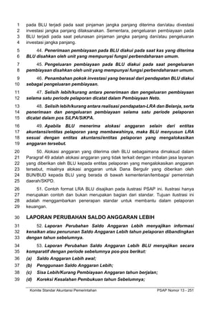 Komite Standar Akuntansi Pemerintahan PSAP Nomor 13 - 251
pada BLU terjadi pada saat pinjaman jangka panjang diterima dan/atau divestasi
1
investasi jangka panjang dilaksanakan. Sementara, pengeluaran pembiayaan pada
2
BLU terjadi pada saat pelunasan pinjaman jangka panjang dan/atau pengeluaran
3
investasi jangka panjang.
4
44. Penerimaan pembiayaan pada BLU diakui pada saat kas yang diterima
5
BLU disahkan oleh unit yang mempunyai fungsi perbendaharaan umum.
6
45. Pengeluaran pembiayaan pada BLU diakui pada saat pengeluaran
7
pembiayaan disahkan oleh unit yang mempunyai fungsi perbendaharaan umum.
8
46. Penambahan pokok investasi yang berasal dari pendapatan BLU diakui
9
sebagai pengeluaran pembiayaan.
10
47. Selisih lebih/kurang antara penerimaan dan pengeluaran pembiayaan
11
selama satu periode pelaporan dicatat dalam Pembiayaan Neto.
12
48. Selisih lebih/kurang antara realisasi pendapatan-LRA dan Belanja, serta
13
penerimaan dan pengeluaran pembiayaan selama satu periode pelaporan
14
dicatat dalam pos SiLPA/SiKPA.
15
49. Apabila BLU menerima alokasi anggaran selain dari entitas
16
akuntansi/entitas pelaporan yang membawahinya, maka BLU menyusun LRA
17
sesuai dengan entitas akuntansi/entitas pelaporan yang mengalokasikan
18
anggaran tersebut.
19
50. Alokasi anggaran yang diterima oleh BLU sebagaimana dimaksud dalam
20
Paragraf 49 adalah alokasi anggaran yang tidak terkait dengan imbalan jasa layanan
21
yang diberikan oleh BLU kepada entitas pelaporan yang mengalokasikan anggaran
22
tersebut, misalnya alokasi anggaran untuk Dana Bergulir yang diberikan oleh
23
BUN/BUD kepada BLU yang berada di bawah kementerian/lembaga/ pemerintah
24
daerah/SKPD.
25
51. Contoh format LRA BLU disajikan pada ilustrasi PSAP ini. Ilustrasi hanya
26
merupakan contoh dan bukan merupakan bagian dari standar. Tujuan ilustrasi ini
27
adalah menggambarkan penerapan standar untuk membantu dalam pelaporan
28
keuangan.
29
LAPORAN PERUBAHAN SALDO ANGGARAN LEBIH
30
52. Laporan Perubahan Saldo Anggaran Lebih menyajikan informasi
31
kenaikan atau penurunan Saldo Anggaran Lebih tahun pelaporan dibandingkan
32
dengan tahun sebelumnya.
33
53. Laporan Perubahan Saldo Anggaran Lebih BLU menyajikan secara
34
komparatif dengan periode sebelumnya pos-pos berikut:
35
(a) Saldo Anggaran Lebih awal;
36
(b) Penggunaan Saldo Anggaran Lebih;
37
(c) Sisa Lebih/Kurang Pembiayaan Anggaran tahun berjalan;
38
(d) Koreksi Kesalahan Pembukuan tahun Sebelumnya;
39
 