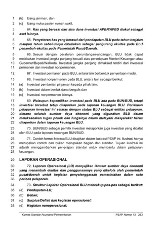 Komite Standar Akuntansi Pemerintahan PSAP Nomor 13 - 253
(b) Uang jaminan; dan
1
(c) Uang muka pasien rumah sakit.
2
64. Kas yang berasal dari sisa dana investasi APBN/APBD diakui sebagai
3
aset lainnya.
4
65. Penyetoran kas yang berasal dari pendapatan BLU pada tahun berjalan
5
maupun tahun sebelumnya dibukukan sebagai pengurang ekuitas pada BLU
6
penambah ekuitas pada Pemerintah Pusat/Daerah.
7
66. Sesuai dengan peraturan perundangan-undangan, BLU tidak dapat
8
melakukan investasi jangka panjang kecuali atas persetujuan Menteri Keuangan atau
9
Gubernur/Bupati/Walikota. Investasi jangka panjang dimaksud terdiri dari investasi
10
permanen dan investasi nonpermanen.
11
67. Investasi permanen pada BLU, antara lain berbentuk penyertaan modal.
12
68. Investasi nonpermanen pada BLU, antara lain sebagai berikut:
13
(a) Investasi pemberian pinjaman kepada pihak lain;
14
(b) Investasi dalam bentuk dana bergulir;dan
15
(c) Investasi nonpermanen lainnya.
16
69. Walaupun kepemilikan investasi pada BLU ada pada BUN/BUD, tetapi
17
investasi tersebut tetap dilaporkan pada laporan keuangan BLU. Perlakuan
18
pelaporan investasi ini selaras dengan status BLU sebagai entitas pelaporan,
19
dimana seluruh sumber daya ekonomi yang digunakan BLU dalam
20
melaksanakan tugas pokok dan fungsinya dalam melayani masyarakat harus
21
dilaporkan dalam laporan keuangan BLU.
22
70. BUN/BUD sebagai pemilik investasi melaporkan juga investasi yang dicatat
23
oleh BLU pada laporan keuangan BUN/BUD.
24
71. Contoh format Neraca BLU disajikan dalam ilustrasi PSAP ini. Ilustrasi hanya
25
merupakan contoh dan bukan merupakan bagian dari standar. Tujuan ilustrasi ini
26
adalah menggambarkan penerapan standar untuk membantu dalam pelaporan
27
keuangan.
28
LAPORAN OPERASIONAL
29
72. Laporan Operasional (LO) menyajikan ikhtisar sumber daya ekonomi
30
yang menambah ekuitas dan penggunaannya yang dikelola oleh pemerintah
31
pusat/daerah untuk kegiatan penyelenggaraan pemerintahan dalam satu
32
periode pelaporan.
33
73. Struktur Laporan Operasional BLU mencakup pos-pos sebagai berikut:
34
(a) Pendapatan-LO;
35
(b) Beban;
36
(c) Surplus/Defisit dari kegiatan operasional;
37
(d) Kegiatan nonoperasional;
38
 