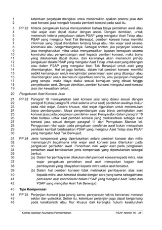 Komite Standar Akuntansi Pemerintahan PSAP Nomor 16 - 311
ketentuan perjanjian mengikat untuk menentukan apakah potensi jasa dari
1
aset konsesi jasa mengalir kepada pemberi konsesi pada saat itu.
2
PP 22 Kriteria pengakuan kedua mensyaratkan bahwa biaya perolehan awal atau
3
nilai wajar aset dapat diukur dengan andal. Dengan demikian, untuk
4
memenuhi kriteria pengakuan dalam PSAP yang mengatur Aset Tetap atau
5
PSAP yang mengatur Aset Tak Berwujud, pemberi konsesi harus memiliki
6
informasi yang dapat diandalkan tentang biaya atau nilai wajar aset selama
7
konstruksi atau pengembangannya. Sebagai contoh, jika perjanjian konsesi
8
jasa mengharuskan mitra untuk menyampaikan laporan kemajuan selama
9
konstruksi atau pengembangan aset kepada pemberi konsesi, maka biaya
10
yang dikeluarkan dapat diukur, dan karenanya akan memenuhi prinsip
11
pengakuan dalam PSAP yang mengatur Aset Tetap untuk aset yang dibangun
12
atau dalam PSAP yang mengatur Aset Tak Berwujud untuk aset yang
13
dikembangkan. Hal ini juga berlaku, dalam hal pemberi konsesi memiliki
14
sedikit kemampuan untuk menghindari penerimaan aset yang dibangun atau
15
dikembangkan untuk memenuhi spesifikasi kontrak, atau perjanjian mengikat
16
yang serupa, maka biaya diakui sesuai kemajuan yang dibuat hingga
17
penyelesaian aset. Dengan demikian, pemberi konsesi mengakui aset konsesi
18
jasa dan kewajiban terkait.
19
Pengukuran Aset Konsesi Jasa
20
PP 23 Paragraf 10 mensyaratkan aset konsesi jasa yang diakui sesuai dengan
21
paragraf 8 (atau paragraf 9 untuk selama umur aset) perolehan awalnya diukur
22
pada nilai wajar. Secara khusus, nilai wajar digunakan untuk menentukan
23
biaya pembangunan, biaya pengembangan atau biaya peningkatan aset
24
konsesi jasa pada pengakuan perolehan awal. Persyaratan dalam paragraf 10
25
tidak berlaku untuk aset pemberi konsesi yang direklasifikasi sebagai aset
26
konsesi jasa sesuai dengan paragraf 11 dari Pernyataan Standar ini.
27
Penggunaan nilai wajar pada pengakuan perolehan awal bukan merupakan
28
penilaian kembali berdasarkan PSAP yang mengatur Aset Tetap atau PSAP
29
yang mengatur Aset Tak Berwujud.
30
PP 24 Jenis kompensasi yang dipertukarkan antara pemberi konsesi dan mitra
31
memengaruhi bagaimana nilai wajar aset konsesi jasa ditentukan pada
32
pengakuan perolehan awal. Penentuan nilai wajar aset pada pengakuan
33
perolehan awal berdasarkan jenis kompensasi yang dipertukarkan sebagai
34
berikut:
35
(a) Dalam hal pembayaran dilakukan oleh pemberi konsesi kepada mitra, nilai
36
wajar pengakuan perolehan awal aset merupakan bagian dari
37
pembayaran yang dibayarkan kepada mitra untuk aset tersebut.
38
(b) Dalam hal pemberi konsesi tidak melakukan pembayaran atas aset
39
kepada mitra, aset tersebut dicatat dengan cara yang sama sebagaimana
40
pertukaran aset nonmoneter dalam PSAP yang mengatur Aset Tetap dan
41
PSAP yang mengatur Aset Tak Berwujud.
42
Tipe Kompensasi
43
PP 25 Perjanjian konsesi jasa jarang sama; persyaratan teknis bervariasi menurut
44
sektor dan yurisdiksi. Selain itu, ketentuan perjanjian juga dapat bergantung
45
pada karakteristik atau fitur khusus dari kerangka hukum keseluruhan
46
 