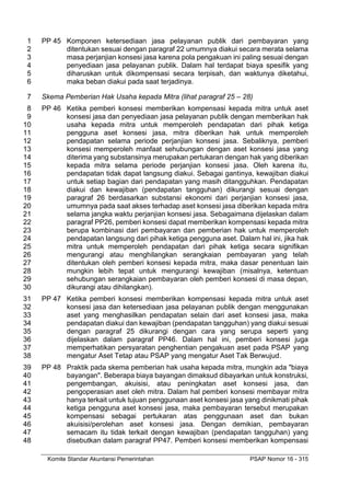 Komite Standar Akuntansi Pemerintahan PSAP Nomor 16 - 315
PP 45 Komponen ketersediaan jasa pelayanan publik dari pembayaran yang
1
ditentukan sesuai dengan paragraf 22 umumnya diakui secara merata selama
2
masa perjanjian konsesi jasa karena pola pengakuan ini paling sesuai dengan
3
penyediaan jasa pelayanan publik. Dalam hal terdapat biaya spesifik yang
4
diharuskan untuk dikompensasi secara terpisah, dan waktunya diketahui,
5
maka beban diakui pada saat terjadinya.
6
Skema Pemberian Hak Usaha kepada Mitra (lihat paragraf 25 – 28)
7
PP 46 Ketika pemberi konsesi memberikan kompensasi kepada mitra untuk aset
8
konsesi jasa dan penyediaan jasa pelayanan publik dengan memberikan hak
9
usaha kepada mitra untuk memperoleh pendapatan dari pihak ketiga
10
pengguna aset konsesi jasa, mitra diberikan hak untuk memperoleh
11
pendapatan selama periode perjanjian konsesi jasa. Sebaliknya, pemberi
12
konsesi memperoleh manfaat sehubungan dengan aset konsesi jasa yang
13
diterima yang substansinya merupakan pertukaran dengan hak yang diberikan
14
kepada mitra selama periode perjanjian konsesi jasa. Oleh karena itu,
15
pendapatan tidak dapat langsung diakui. Sebagai gantinya, kewajiban diakui
16
untuk setiap bagian dari pendapatan yang masih ditangguhkan. Pendapatan
17
diakui dan kewajiban (pendapatan tangguhan) dikurangi sesuai dengan
18
paragraf 26 berdasarkan substansi ekonomi dari perjanjian konsesi jasa,
19
umumnya pada saat akses terhadap aset konsesi jasa diberikan kepada mitra
20
selama jangka waktu perjanjian konsesi jasa. Sebagaimana dijelaskan dalam
21
paragraf PP26, pemberi konsesi dapat memberikan kompensasi kepada mitra
22
berupa kombinasi dari pembayaran dan pemberian hak untuk memperoleh
23
pendapatan langsung dari pihak ketiga pengguna aset. Dalam hal ini, jika hak
24
mitra untuk memperoleh pendapatan dari pihak ketiga secara signifikan
25
mengurangi atau menghilangkan serangkaian pembayaran yang telah
26
ditentukan oleh pemberi konsesi kepada mitra, maka dasar penentuan lain
27
mungkin lebih tepat untuk mengurangi kewajiban (misalnya, ketentuan
28
sehubungan serangkaian pembayaran oleh pemberi konsesi di masa depan,
29
dikurangi atau dihilangkan).
30
PP 47 Ketika pemberi konsesi memberikan kompensasi kepada mitra untuk aset
31
konsesi jasa dan ketersediaan jasa pelayanan publik dengan menggunakan
32
aset yang menghasilkan pendapatan selain dari aset konsesi jasa, maka
33
pendapatan diakui dan kewajiban (pendapatan tangguhan) yang diakui sesuai
34
dengan paragraf 25 dikurangi dengan cara yang serupa seperti yang
35
dijelaskan dalam paragraf PP46. Dalam hal ini, pemberi konsesi juga
36
memperhatikan persyaratan penghentian pengakuan aset pada PSAP yang
37
mengatur Aset Tetap atau PSAP yang mengatur Aset Tak Berwujud.
38
PP 48 Praktik pada skema pemberian hak usaha kepada mitra, mungkin ada "biaya
39
bayangan". Beberapa biaya bayangan dimaksud dibayarkan untuk konstruksi,
40
pengembangan, akuisisi, atau peningkatan aset konsesi jasa, dan
41
pengoperasian aset oleh mitra. Dalam hal pemberi konsesi membayar mitra
42
hanya terkait untuk tujuan penggunaan aset konsesi jasa yang dinikmati pihak
43
ketiga pengguna aset konsesi jasa, maka pembayaran tersebut merupakan
44
kompensasi sebagai pertukaran atas penggunaan aset dan bukan
45
akuisisi/perolehan aset konsesi jasa. Dengan demikian, pembayaran
46
semacam itu tidak terkait dengan kewajiban (pendapatan tangguhan) yang
47
disebutkan dalam paragraf PP47. Pemberi konsesi memberikan kompensasi
48
 