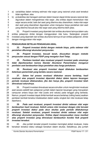 Komite Standar Akuntansi Pemerintahan PSAP Nomor 17 - 371
a) variabilitas dalam rentang estimasi nilai wajar yang rasional untuk aset tersebut
1
tidak signifikan; atau
2
b) probabilitas dari beragam estimasi dalam kisaran dapat dinilai secara rasional dan
3
digunakan dalam mengestimasi nilai wajar. Jika entitas dapat menentukan nilai
4
wajar secara andal, baik dari aset yang diterima atau diserahkan, maka nilai wajar
5
dari aset yang diserahkan digunakan untuk mengukur biaya perolehan dari aset
6
yang diterima kecuali jika nilai wajar aset yang diterima lebih jelas.
7
32. Properti investasi yang diperoleh dari entitas akuntansi lainnya dalam satu
8
entitas pelaporan dinilai dengan menggunakan nilai buku. Sedangkan properti
9
investasi yang diperoleh dari entitas akuntansi lainnya di luar entitas pelaporan, dinilai
10
dengan menggunakan nilai wajar.
11
PENGUKURAN SETELAH PENGAKUAN AWAL
12
33. Properti investasi dinilai dengan metode biaya, yaitu sebesar nilai
13
perolehan dikurangi akumulasi penyusutan.
14
34. Properti Investasi, kecuali tanah, disusutkan dengan metode
15
penyusutan sesuai dengan PSAP yang mengatur Aset Tetap.
16
35. Penilaian kembali atau revaluasi properti investasi pada umumnya
17
tidak diperkenankan karena Standar Akuntansi Pemerintahan menganut
18
penilaian aset berdasarkan biaya perolehan atau harga pertukaran.
19
36. Revaluasi atas properti investasi dapat dilakukan berdasarkan
20
ketentuan pemerintah yang berlaku secara nasional.
21
37. Dalam hal proses revaluasi dilakukan secara bertahap, hasil
22
revaluasi atas properti investasi diperoleh diakui dalam laporan keuangan
23
periode revaluasi dilaksanakan, jika dan hanya jika, properti investasi telah
24
direvaluasi seluruhnya.
25
38. Properti investasi direvaluasi secara simultan untuk menghindari revaluasi
26
aset secara selektif dan pelaporan jumlah dalam laporan keuangan yang merupakan
27
campuran antara biaya dan nilai (costs and values) pada tanggal yang berbeda.
28
Namun, properti investasi dapat dinilai kembali secara bertahap (rolling basis) asalkan
29
penilaian kembali tersebut diselesaikan dalam waktu singkat dan nilai revaluasi tetap
30
diperbarui.
31
39. Pada saat revaluasi, properti investasi dinilai sebesar nilai wajar
32
berdasarkan hasil revaluasi. Selisih antara nilai revaluasi dengan nilai tercatat
33
properti investasi diakui pada akun ekuitas pada periode dilakukannya
34
revaluasi. Setelah revaluasi, properti investasi dinilai sebesar nilai wajar
35
dikurangi akumulasi penyusutan. Entitas dapat menyesuaikan masa manfaat
36
atas properti investasi yang direvaluasi berdasarkan kondisi fisik properti
37
investasi tersebut.
38
40. Jika jumlah tercatat properti investasi meningkat akibat revaluasi, maka
39
kenaikan tersebut diakui sebagai kenaikan dalam ekuitas. Sebaliknya, jika jumlah
40
 