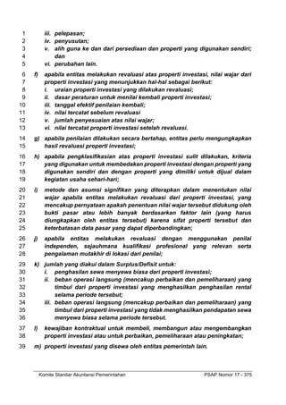 Komite Standar Akuntansi Pemerintahan PSAP Nomor 17 - 375
iii. pelepasan;
1
iv. penyusutan;
2
v. alih guna ke dan dari persediaan dan properti yang digunakan sendiri;
3
dan
4
vi. perubahan lain.
5
f) apabila entitas melakukan revaluasi atas properti investasi, nilai wajar dari
6
properti investasi yang menunjukkan hal-hal sebagai berikut:
7
i. uraian properti investasi yang dilakukan revaluasi;
8
ii. dasar peraturan untuk menilai kembali properti investasi;
9
iii. tanggal efektif penilaian kembali;
10
iv. nilai tercatat sebelum revaluasi
11
v. jumlah penyesuaian atas nilai wajar;
12
vi. nilai tercatat properti investasi setelah revaluasi.
13
g) apabila penilaian dilakukan secara bertahap, entitas perlu mengungkapkan
14
hasil revaluasi properti investasi;
15
h) apabila pengklasifikasian atas properti investasi sulit dilakukan, kriteria
16
yang digunakan untuk membedakan properti investasi dengan properti yang
17
digunakan sendiri dan dengan properti yang dimiliki untuk dijual dalam
18
kegiatan usaha sehari-hari;
19
i) metode dan asumsi signifikan yang diterapkan dalam menentukan nilai
20
wajar apabila entitas melakukan revaluasi dari properti investasi, yang
21
mencakup pernyataan apakah penentuan nilai wajar tersebut didukung oleh
22
bukti pasar atau lebih banyak berdasarkan faktor lain (yang harus
23
diungkapkan oleh entitas tersebut) karena sifat properti tersebut dan
24
keterbatasan data pasar yang dapat diperbandingkan;
25
j) apabila entitas melakukan revaluasi dengan menggunakan penilai
26
independen, sejauhmana kualifikasi profesional yang relevan serta
27
pengalaman mutakhir di lokasi dari penilai;
28
k) jumlah yang diakui dalam Surplus/Defisit untuk:
29
i. penghasilan sewa menyewa biasa dari properti investasi;
30
ii. beban operasi langsung (mencakup perbaikan dan pemeliharaan) yang
31
timbul dari properti investasi yang menghasilkan penghasilan rental
32
selama periode tersebut;
33
iii. beban operasi langsung (mencakup perbaikan dan pemeliharaan) yang
34
timbul dari properti investasi yang tidak menghasilkan pendapatan sewa
35
menyewa biasa selama periode tersebut.
36
l) kewajiban kontraktual untuk membeli, membangun atau mengembangkan
37
properti investasi atau untuk perbaikan, pemeliharaan atau peningkatan;
38
m) properti investasi yang disewa oleh entitas pemerintah lain.
39
 